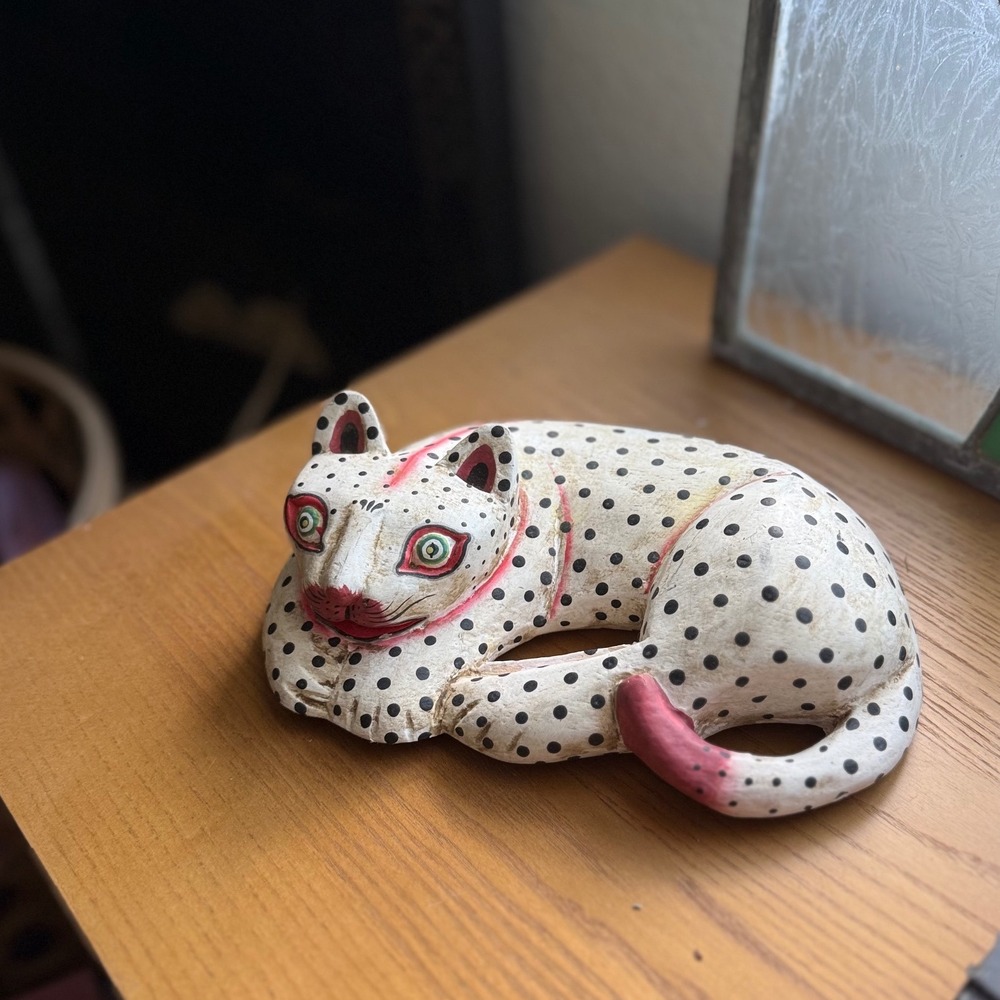 Vintage Hand Painted Folk Art Cat Figurine, Sleeping Cat, Carved Wood Decor